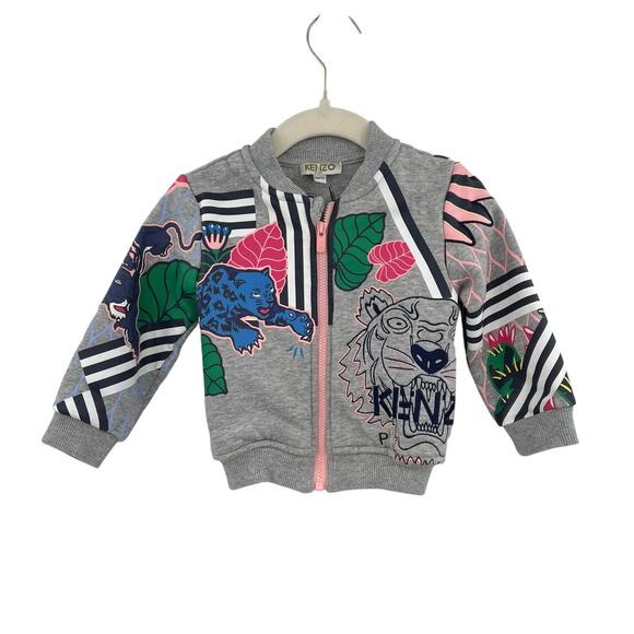 Kenzo Paris Kids Zip-Up Jacket Sweatshirt Tiger Print Embroidered Gray Size 18M - Picture 1 of 13